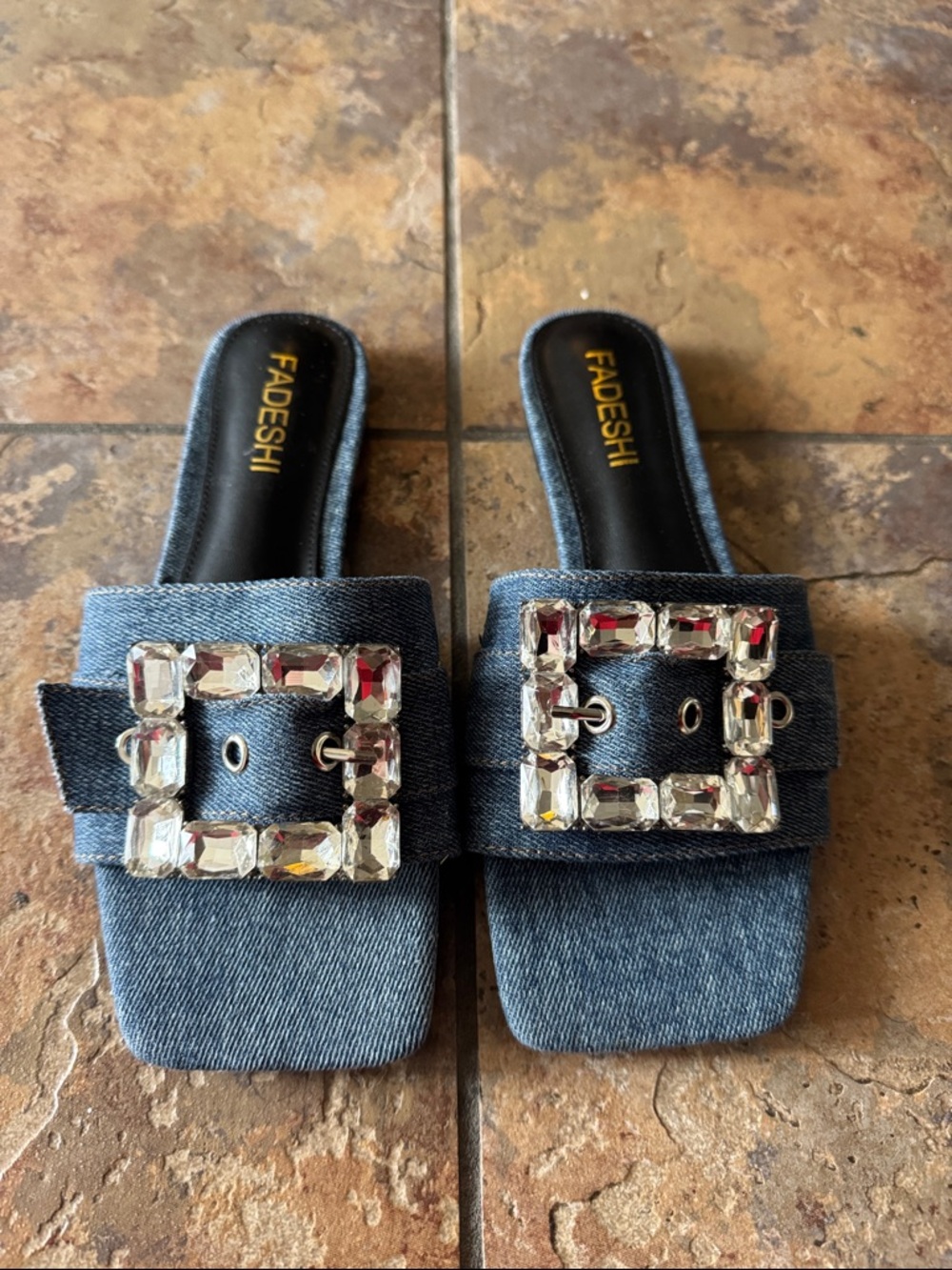 Denim Slide Sandals with Crystal Buckle - Blue